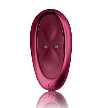 Close-up of the ROCKS-OFF Vibrador Ruby Glow Blush Vermelho 2 em 1 with remote control, highlighting its ergonomic design and dual functionality.
