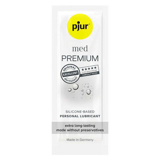 Embalagem do PJUR Lubrificante de Silicone MED 1.5 ML, destacando o design prático e o volume do produto.