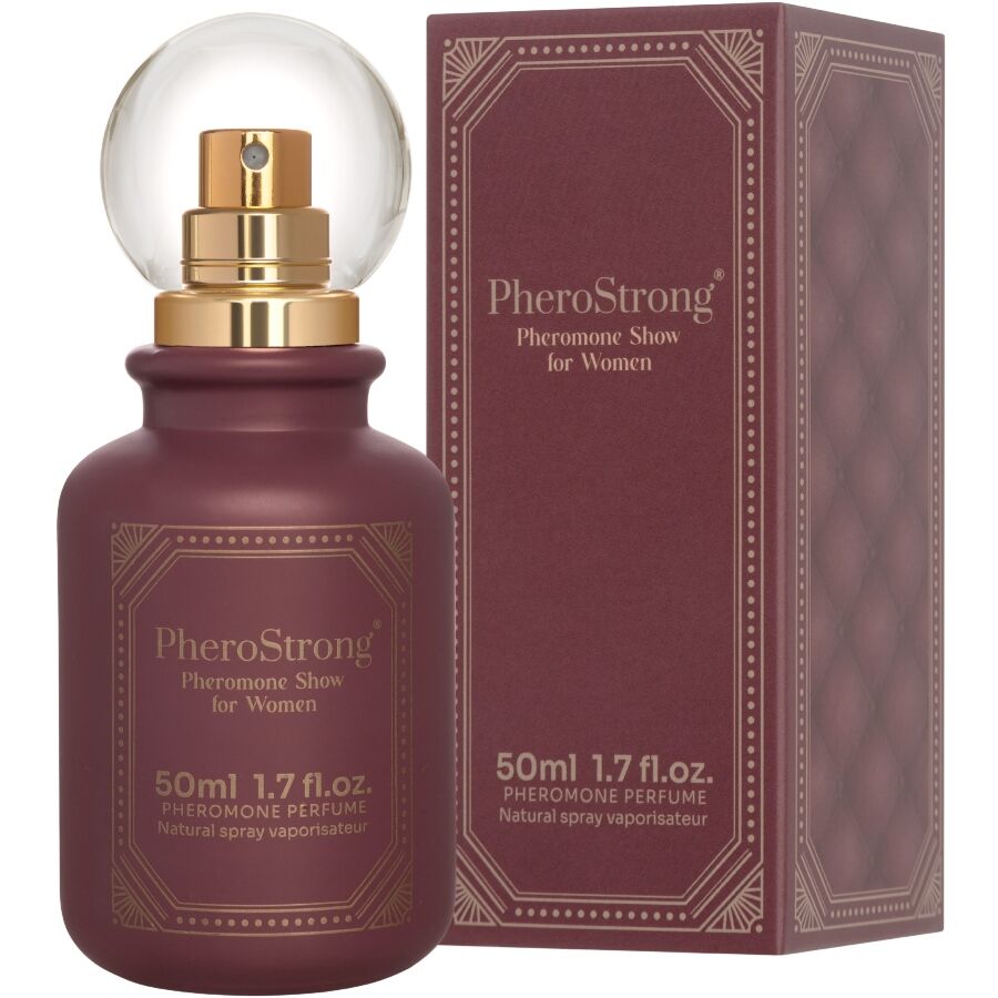 Frasco de PHEROSTRONG Perfume de Feromonas Show para Mulheres 50 ML, destacando o design e a cor do líquido.