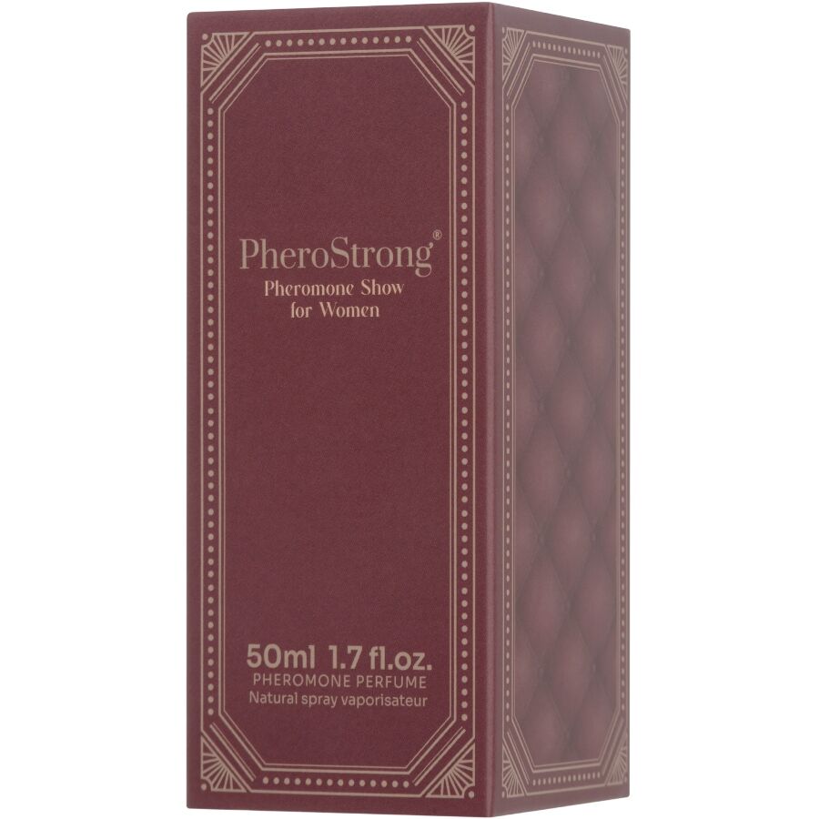 Frasco de PHEROSTRONG Perfume de Feromonas Show para Mulheres 50 ML, destacando o design e a cor do líquido.
