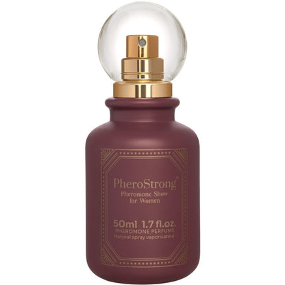 Frasco de PHEROSTRONG Perfume de Feromonas Show para Mulheres 50 ML, destacando o design e a cor do líquido.