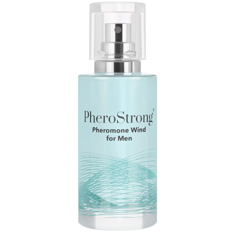 Frasco de PheroStrong Perfume Feromônios Wind para Homens 50 ML, destacando seu design elegante e cor.