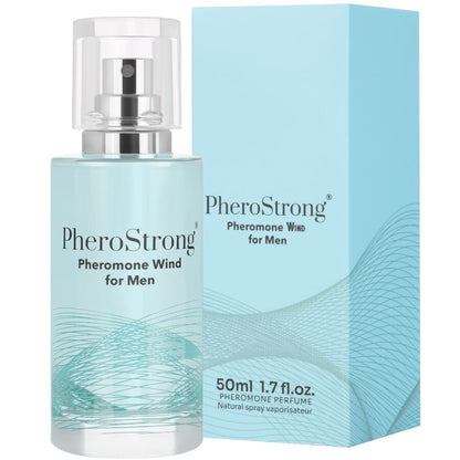 Frasco de PheroStrong Perfume Feromônios Wind para Homens 50 ML, destacando seu design elegante e cor.