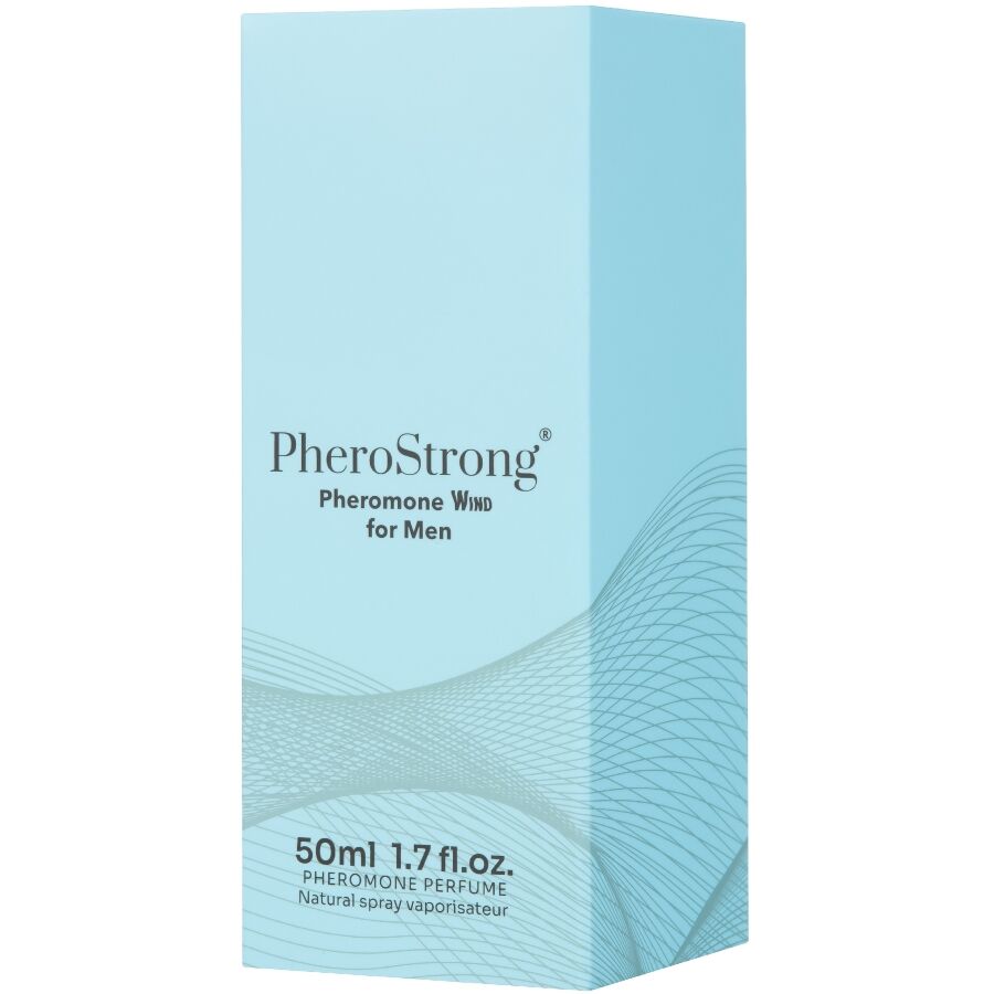 Frasco de PheroStrong Perfume Feromônios Wind para Homens 50 ML, destacando seu design elegante e cor.