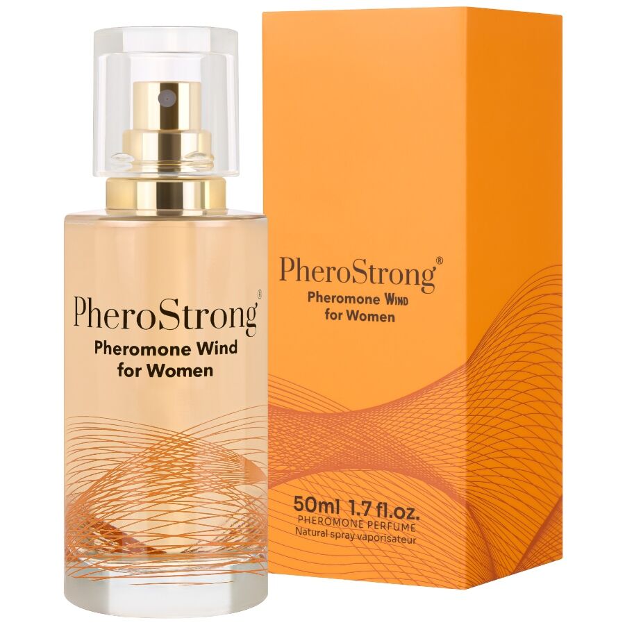 Frasco de perfume PheroStrong Feromonas Wind para Mulheres 50ml com detalhes da fragrância.