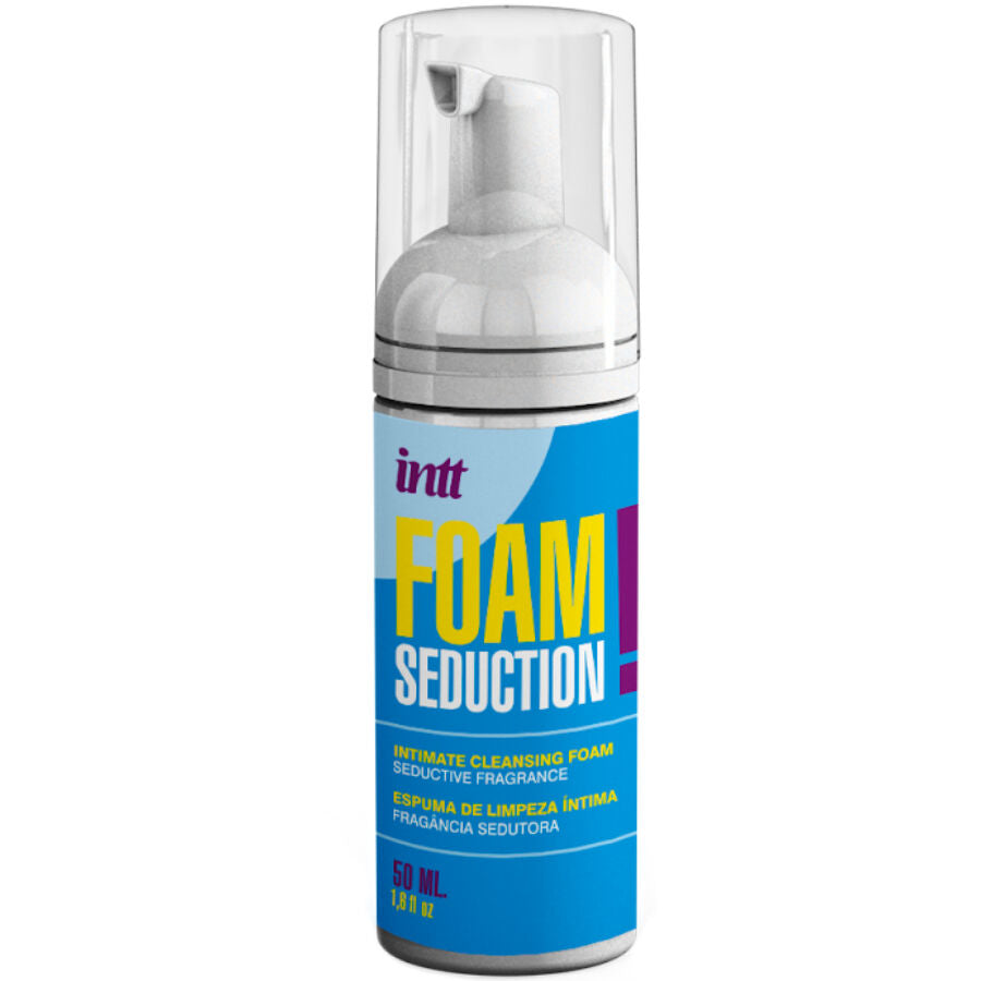 INTT RELEASES Espuma de Limpeza Íntima Foam Seduction 50ml, embalagem do produto e detalhes da espuma.