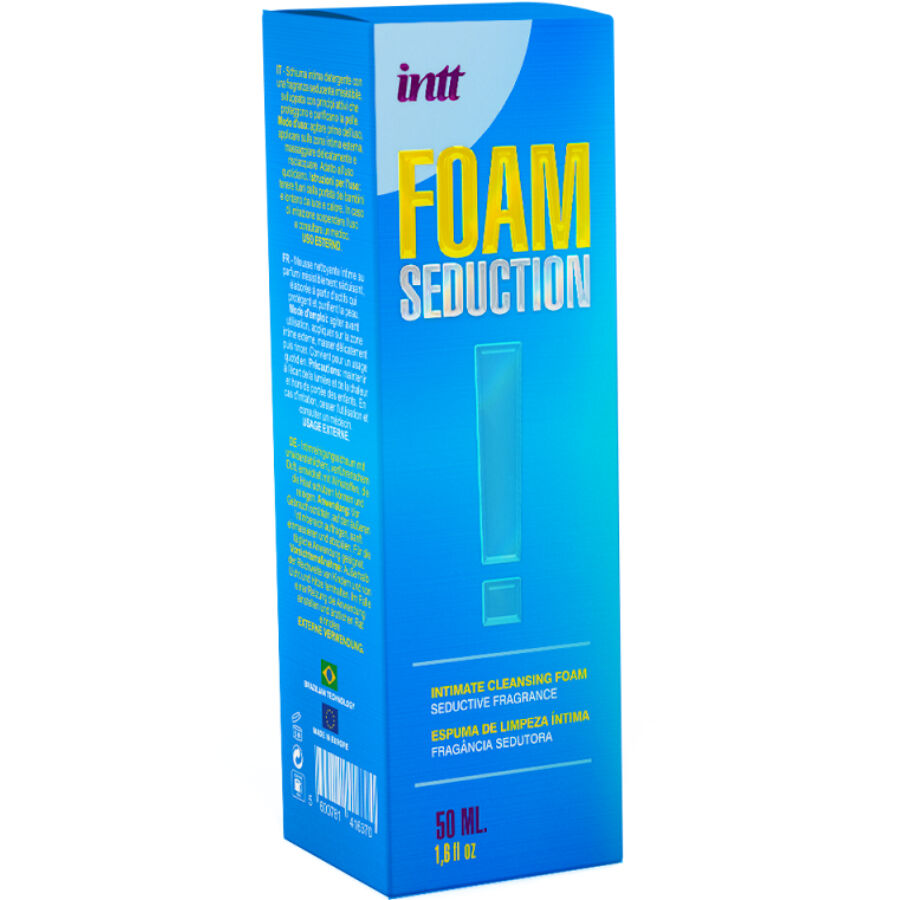 INTT RELEASES Espuma de Limpeza Íntima Foam Seduction 50ml, embalagem do produto e detalhes da espuma.