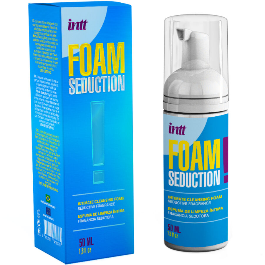 INTT RELEASES Espuma de Limpeza Íntima Foam Seduction 50ml, embalagem do produto e detalhes da espuma.