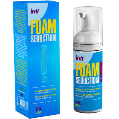 INTT RELEASES Espuma de Limpeza Íntima Foam Seduction 50ml, embalagem do produto e detalhes da espuma.