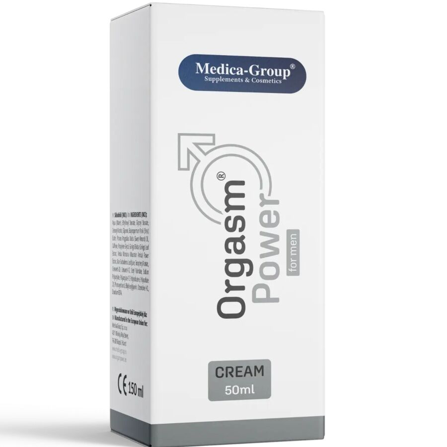 Embalagem do MEDICA GROUP Creme Íntimo Orgasm Power Para Homens 50ml, focado em intensificar sensações e fortalecer a ereção.