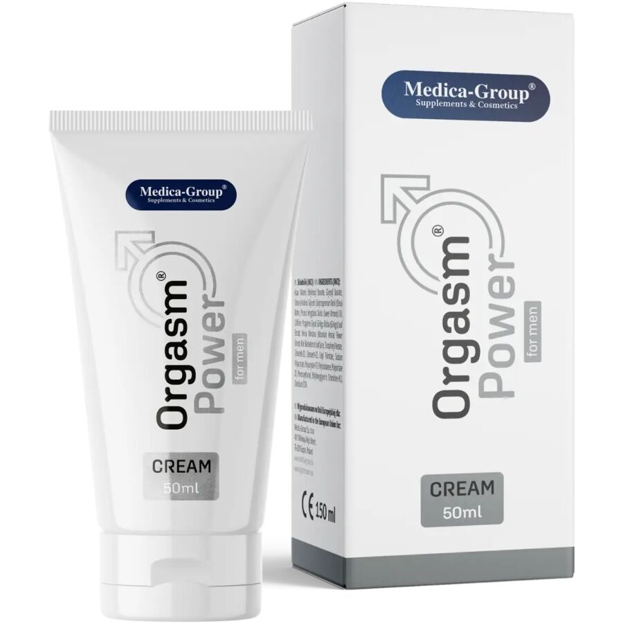 Embalagem do MEDICA GROUP Creme Íntimo Orgasm Power Para Homens 50ml, focado em intensificar sensações e fortalecer a ereção.