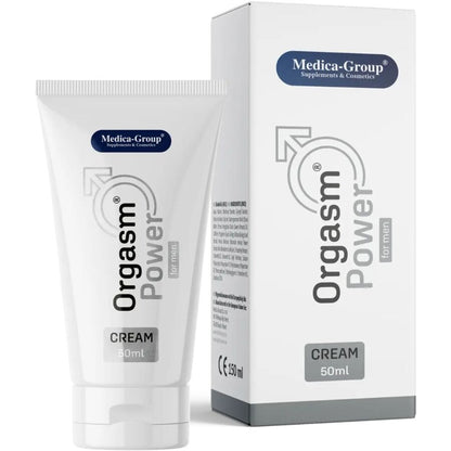 Embalagem do MEDICA GROUP Creme Íntimo Orgasm Power Para Homens 50ml, focado em intensificar sensações e fortalecer a ereção.