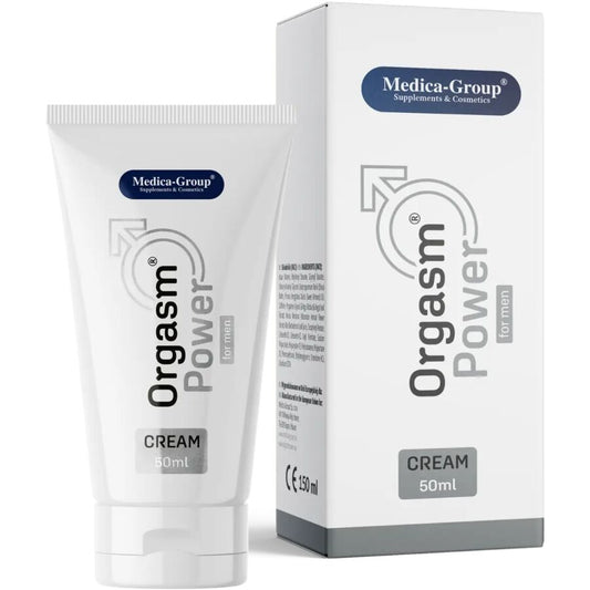 Embalagem do MEDICA GROUP Creme Íntimo Orgasm Power Para Homens 50ml, focado em intensificar sensações e fortalecer a ereção.