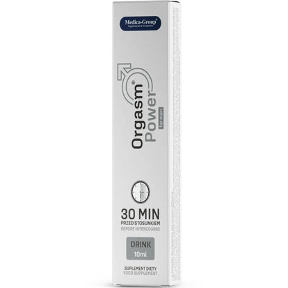Garrafa de 10ml de MEDICA GROUP Orgasm Power For Men, suplemento para vitalidade masculina.
