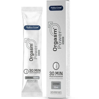 Garrafa de 10ml de MEDICA GROUP Orgasm Power For Men, suplemento para vitalidade masculina.