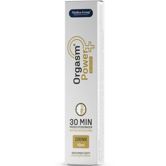 Frasco da MEDICA GROUP Bebida Estimulante Orgasmo Feminino 10ml, destacando a embalagem e detalhes do produto.