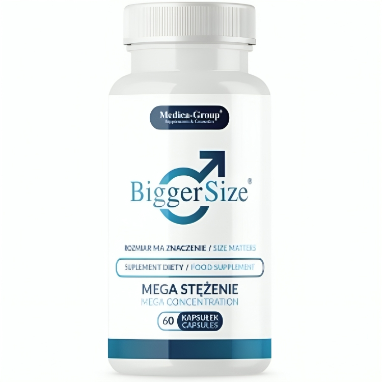 Embalagem de MEDICA GROUP Cápsulas BiggerSize para aumento peniano e bem-estar masculino.