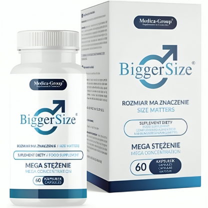 Embalagem de MEDICA GROUP Cápsulas BiggerSize para aumento peniano e bem-estar masculino.