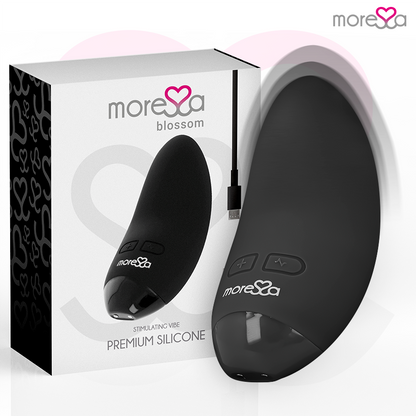 Vibrador MORESSA Blossom preto, mini massageador de silicone recarregável com múltiplas vibrações.