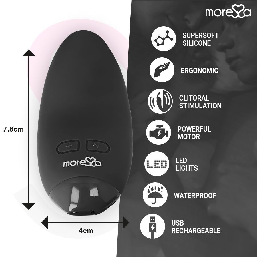 Vibrador MORESSA Blossom preto, mini massageador de silicone recarregável com múltiplas vibrações.