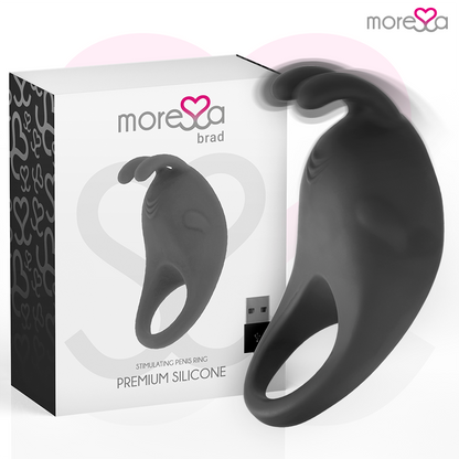 Close-up do anel vibratório MORESSA Brad de silicone premium recarregável preto.