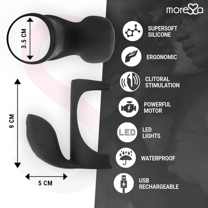 Close-up do Anel Vibrador MORESSA Brandon com Estimulador Clitoriano, destacando o design ergonômico e o silicone premium.