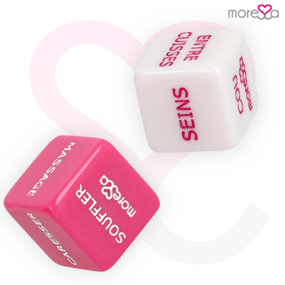Jogo de Dados Eróticos Francês MORESSA com dados de ação e localização, ideal para casais explorarem a intimidade.