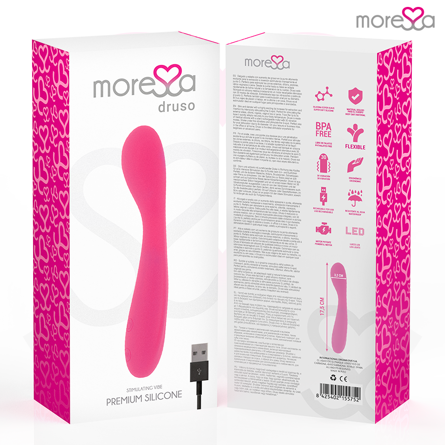 Close-up do Vibrador MORESSA Druso Premium Silicone Recarregável, mostrando seu design ergonômico e material de alta qualidade.