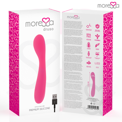 Close-up do Vibrador MORESSA Druso Premium Silicone Recarregável, mostrando seu design ergonômico e material de alta qualidade.