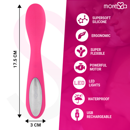 Close-up do Vibrador MORESSA Druso Premium Silicone Recarregável, mostrando seu design ergonômico e material de alta qualidade.
