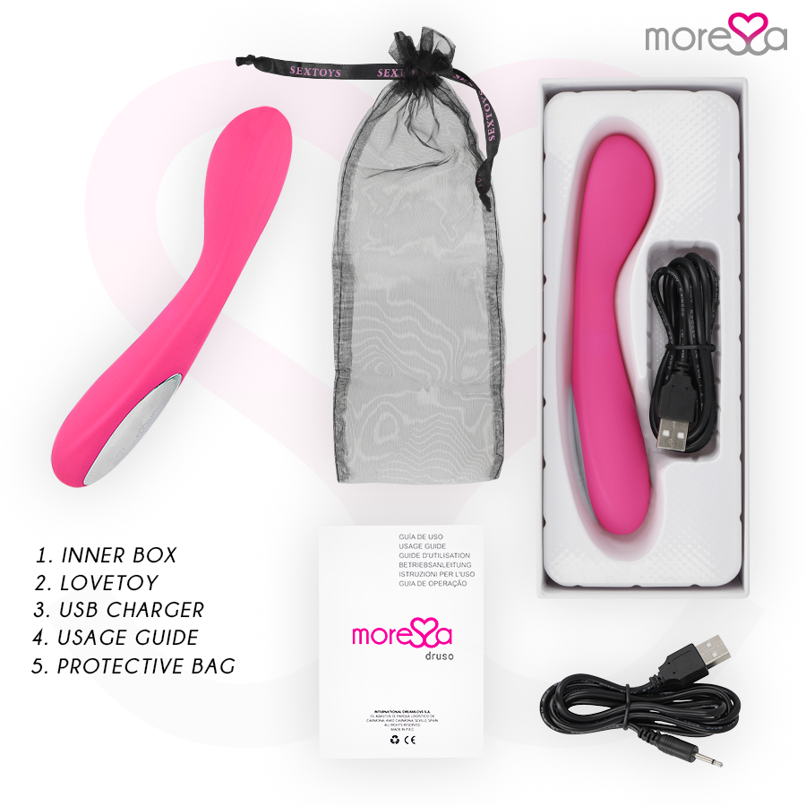Close-up do Vibrador MORESSA Druso Premium Silicone Recarregável, mostrando seu design ergonômico e material de alta qualidade.