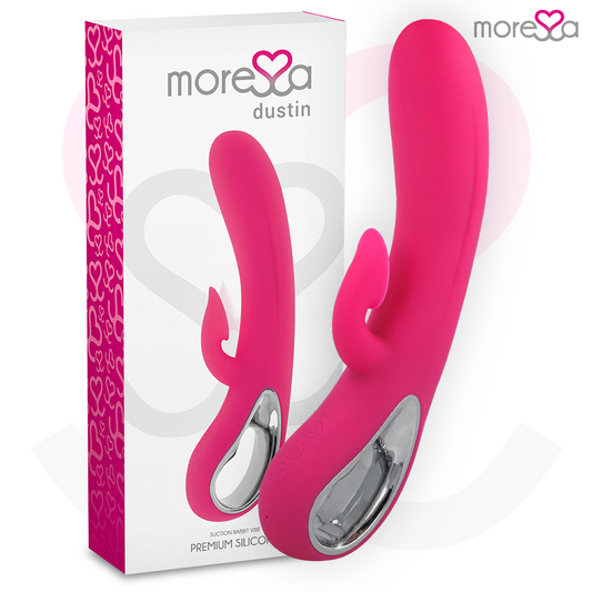 Vibrador MORESSA Dustin de silicone premium com sucção clitoriana e vibração dupla, design ergonómico e recarregável.