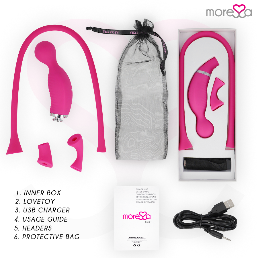 Close-up do vibrador MORESSA Kirk Duo Sucção e Massagem com detalhes em silicone e controle.