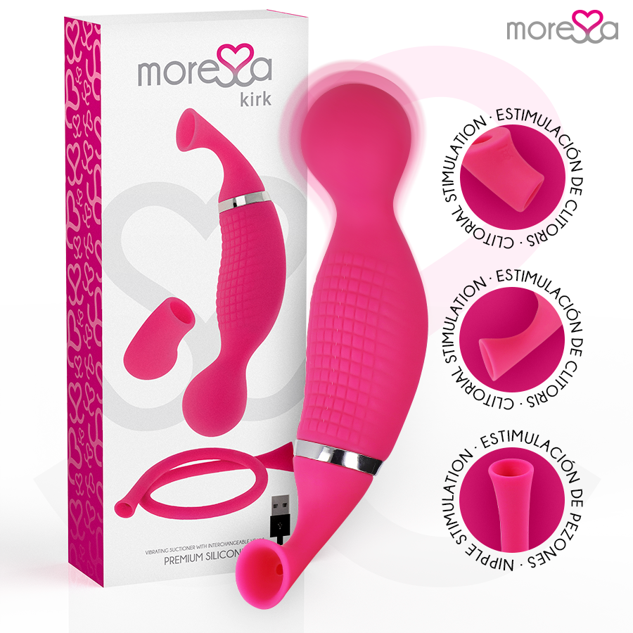 Close-up do vibrador MORESSA Kirk Duo Sucção e Massagem com detalhes em silicone e controle.