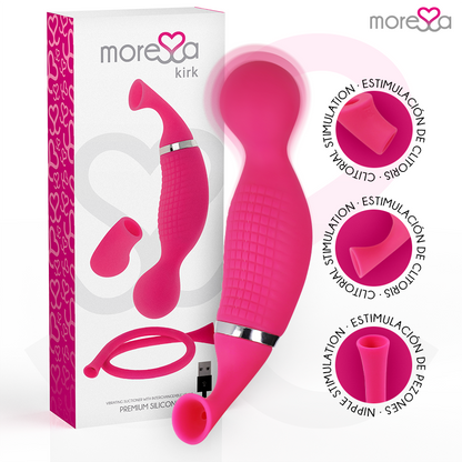 Close-up do vibrador MORESSA Kirk Duo Sucção e Massagem com detalhes em silicone e controle.