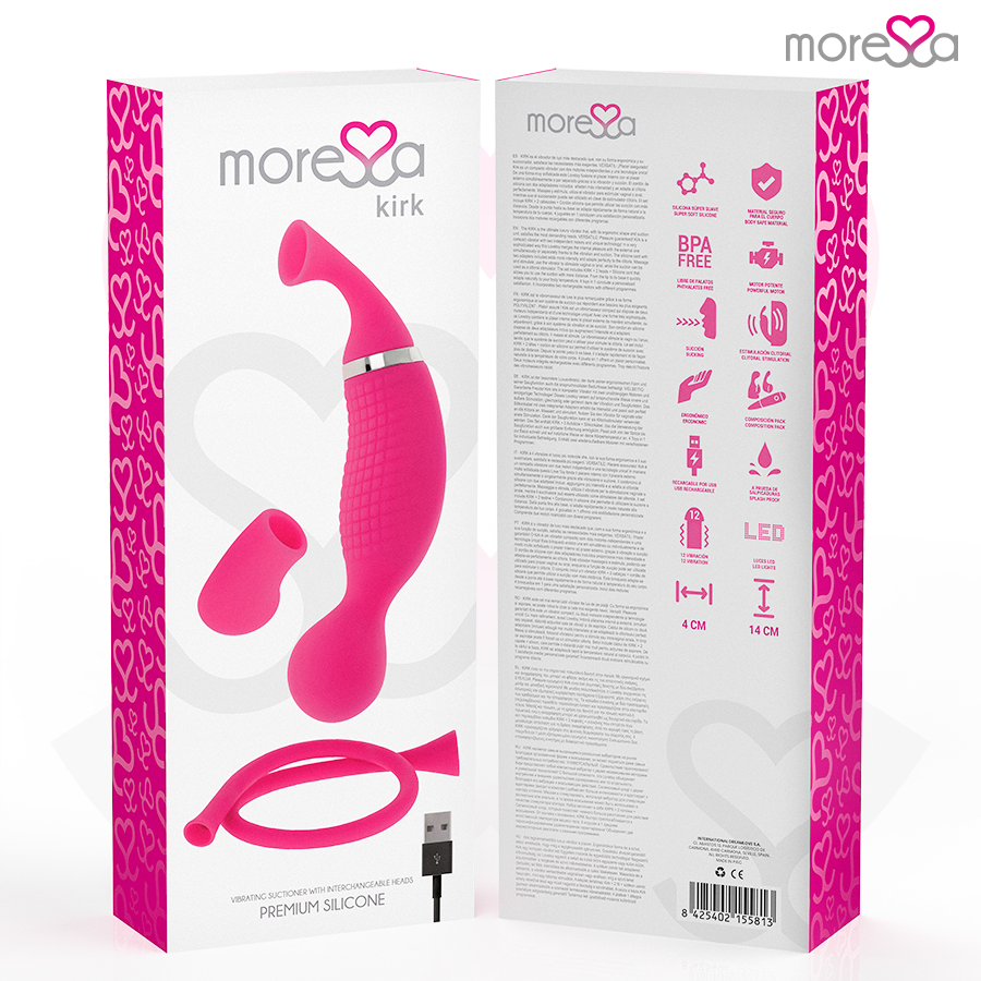 Close-up do vibrador MORESSA Kirk Duo Sucção e Massagem com detalhes em silicone e controle.