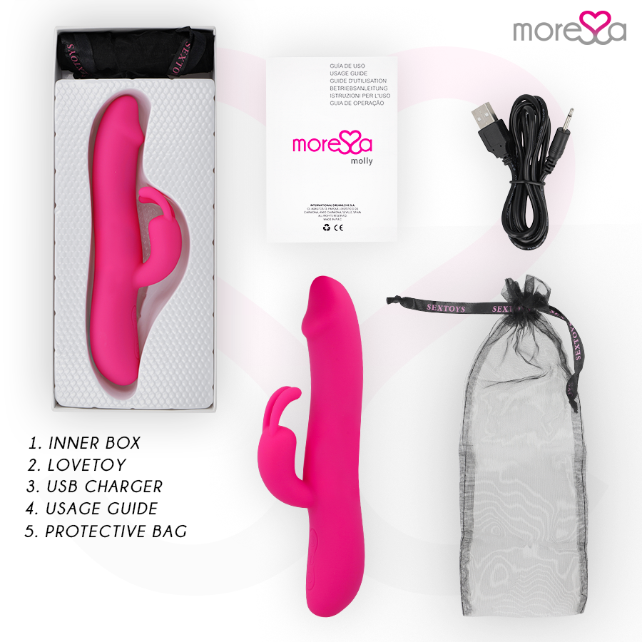 Vibrador MORESSA Molly Premium de silicone com design ergonómico para estimulação dupla.