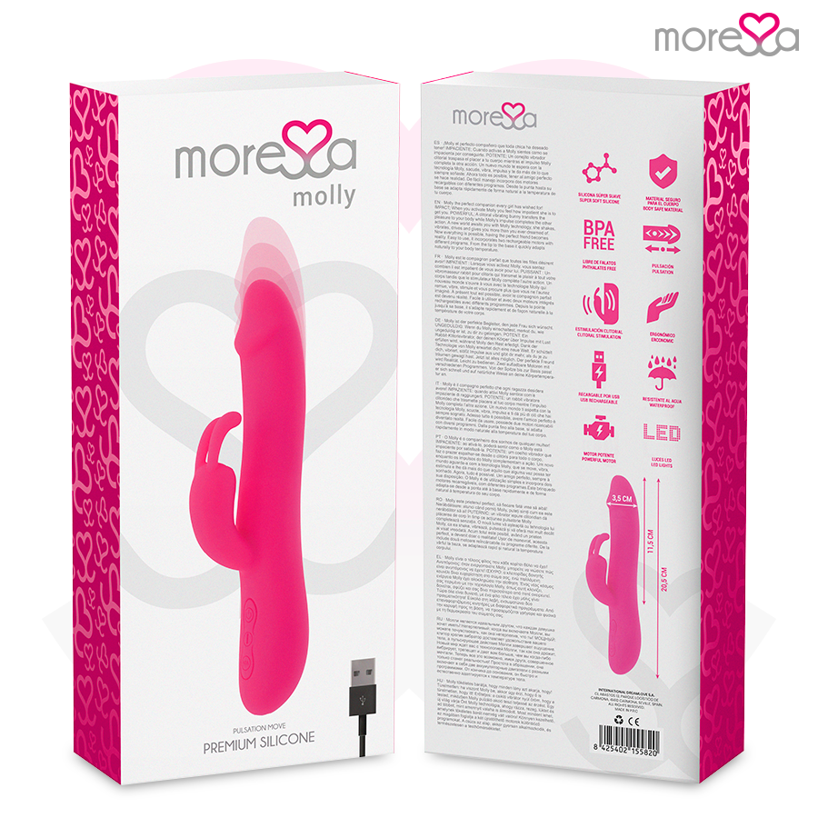 Vibrador MORESSA Molly Premium de silicone com design ergonómico para estimulação dupla.