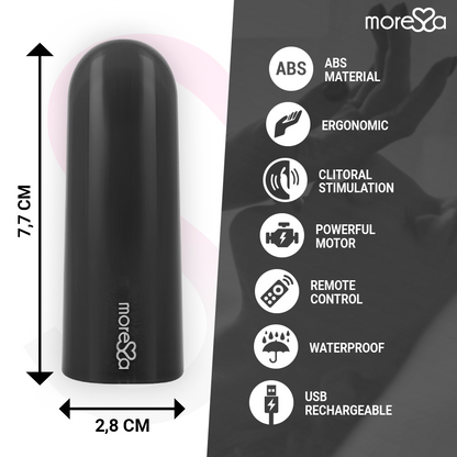 Imagem do vibrador MORESSA Nix preto com controle remoto, destacando seu design elegante e compacto.