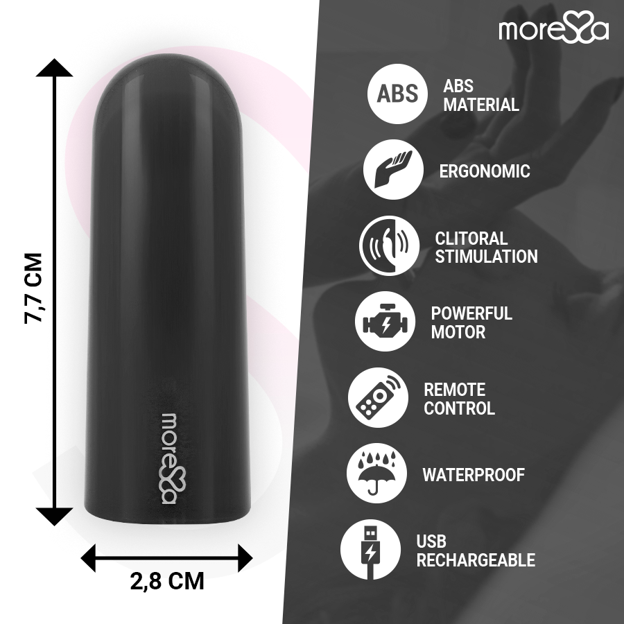 Imagem do vibrador MORESSA Nix preto com controle remoto, destacando seu design elegante e compacto.