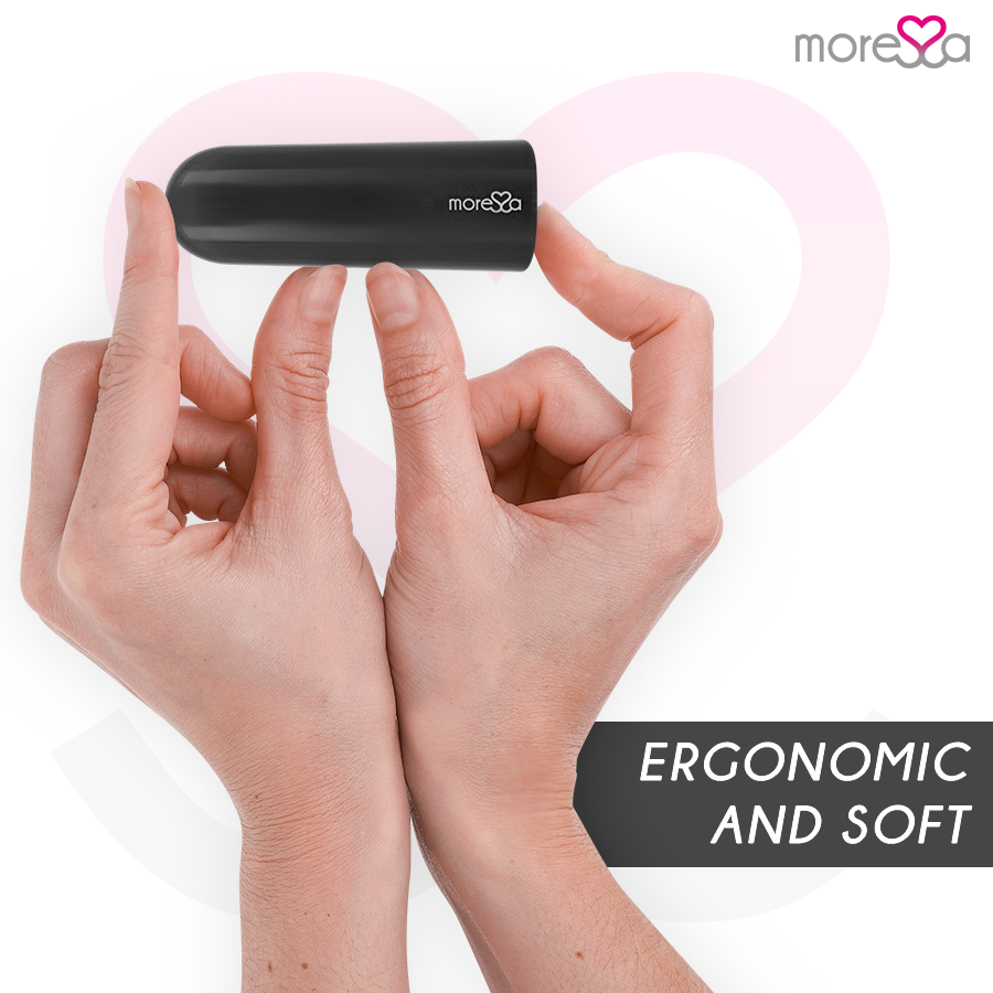 Imagem do vibrador MORESSA Nix preto com controle remoto, destacando seu design elegante e compacto.