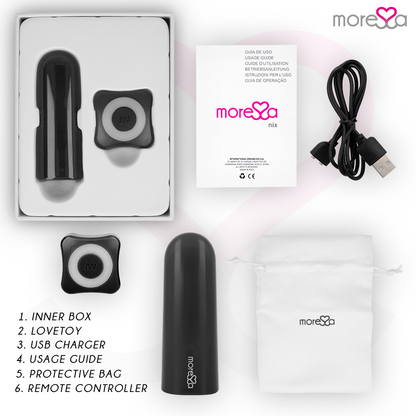 Imagem do vibrador MORESSA Nix preto com controle remoto, destacando seu design elegante e compacto.