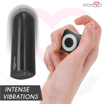 Imagem do vibrador MORESSA Nix preto com controle remoto, destacando seu design elegante e compacto.