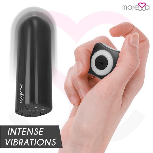 Imagem do vibrador MORESSA Nix preto com controle remoto, destacando seu design elegante e compacto.
