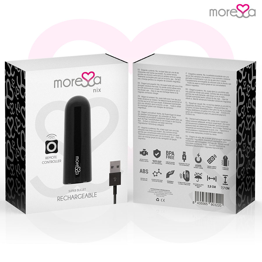 Imagem do vibrador MORESSA Nix preto com controle remoto, destacando seu design elegante e compacto.