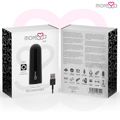 Imagem do vibrador MORESSA Nix preto com controle remoto, destacando seu design elegante e compacto.
