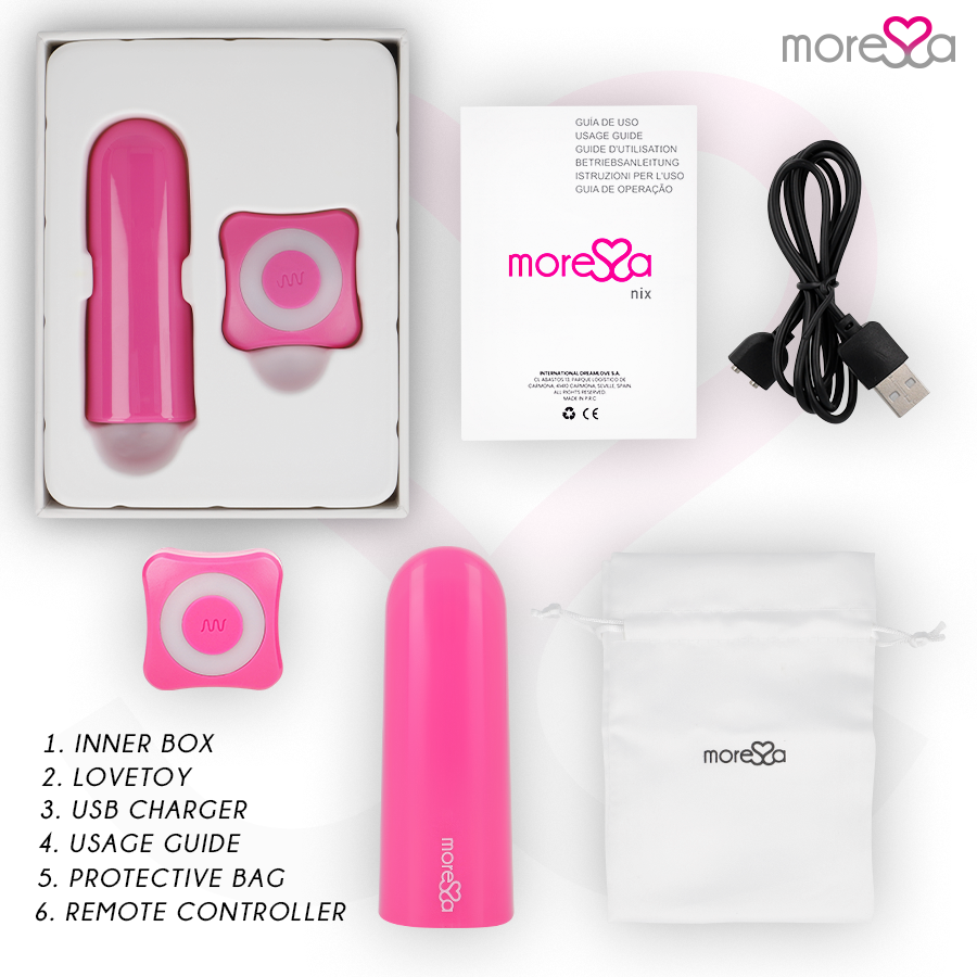 MORESSA Nix Vibrador com Controle Remoto Rosa, detalhe do design elegante e material de silicone seguro para o corpo.