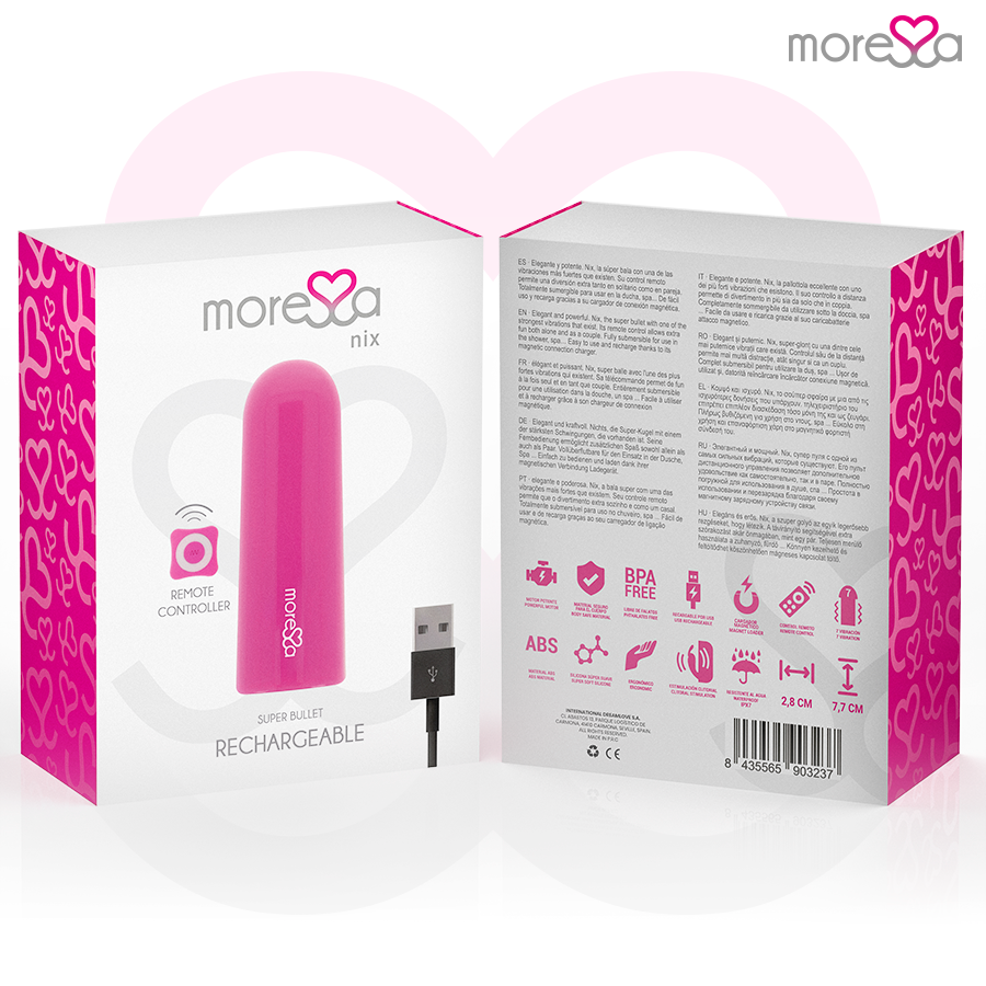 MORESSA Nix Vibrador com Controle Remoto Rosa, detalhe do design elegante e material de silicone seguro para o corpo.