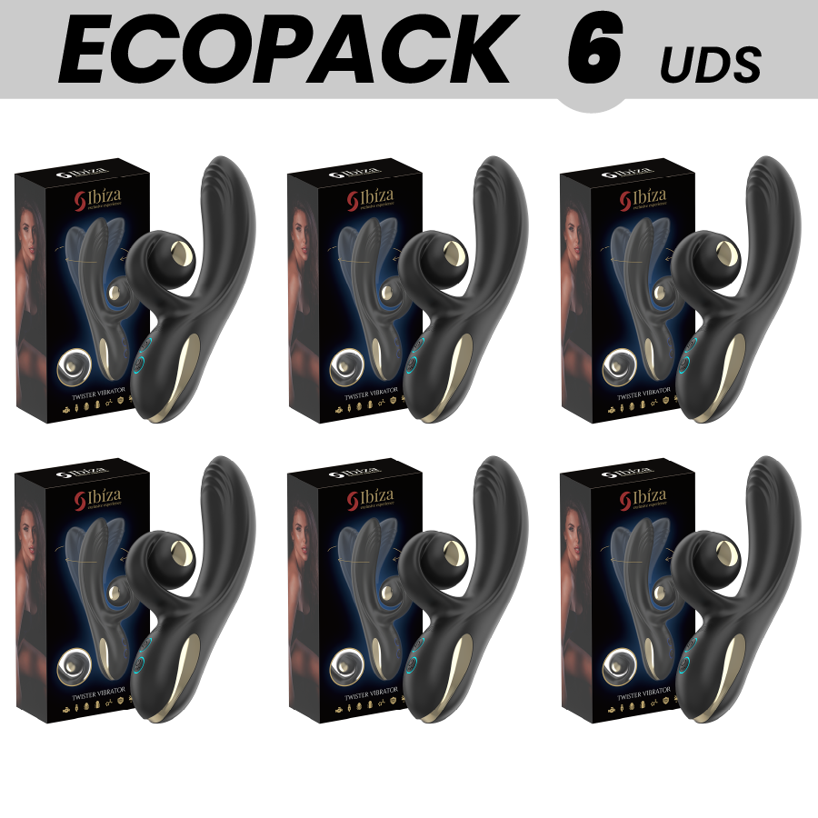 IBIZA ECOPACKS 6 UNIDADES - Vibrador Twister com Vibro-Rotação e Motor Duplo, mostrando detalhes do design e textura em silicone.