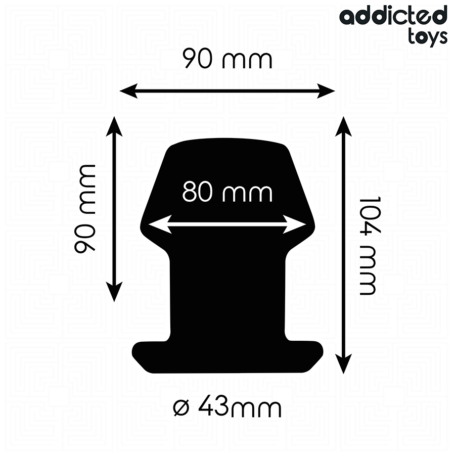 Plug Anal Extremo Oco Addicted Toys de silicone, detalhe do design e dimensões.